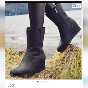 Ugg Australia Joely Leather Wedge Sherpa Lined Waterproof Boots